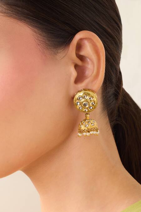 Just Shradhas Gold Plated Pearls, Stones Natural And Jhumka Earrings at Aza Fashions Just Shradhas_Gold Plated Pearls, Stones Natural And Jhumka Earrings _at_Aza_Fashions