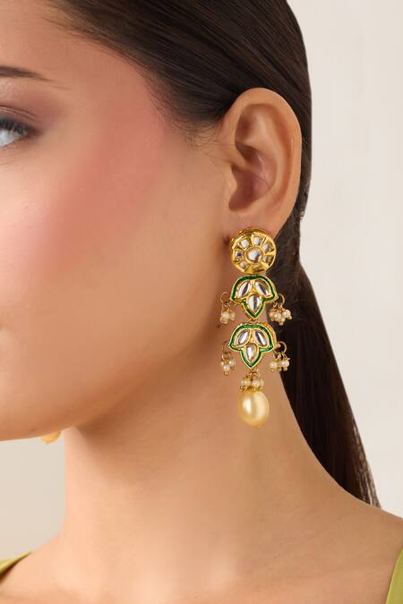 Just Shradhas Gold Plated Pearls, Stones Natural And Drop Earrings at Aza Fashions Just Shradhas_Gold Plated Pearls, Stones Natural And Drop Earrings _at_Aza_Fashions