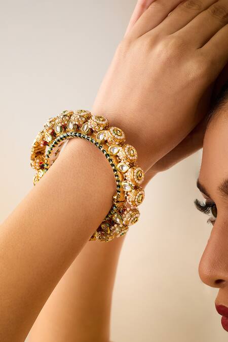 Just Shradhas_Multi Color Pearls, Stones Natural And Embellished Bangle _at_Aza_Fashions