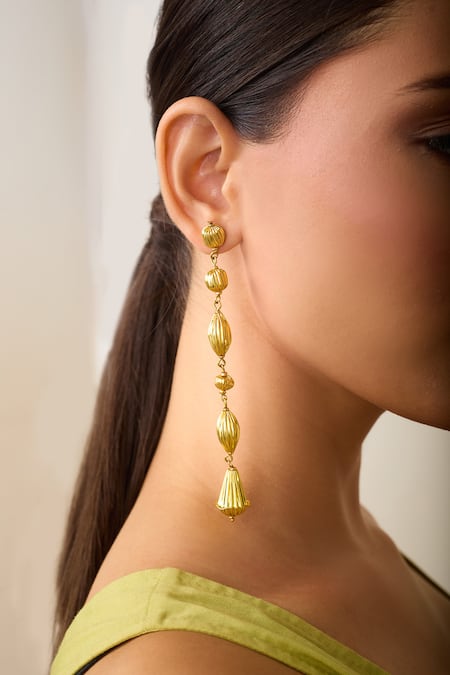 Shop_Just Shradhas_Gold Plated Carved Long Earrings _Online_at_Aza_Fashions