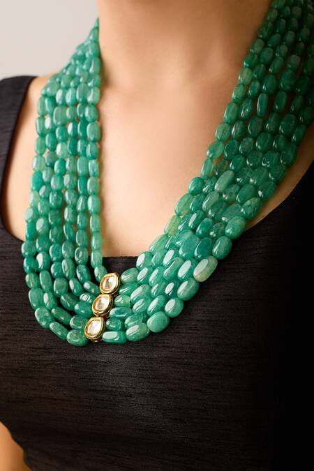 Just Shradhas Gold Plated And Green Natural Stone Long Necklace Online at Aza Fashions Just Shradhas_Gold Plated And Green Natural Stone Long Necklace _Online_at_Aza_Fashions