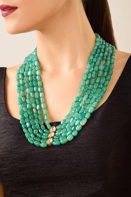 Shop Just Shradhas Gold Plated And Green Natural Stone Long Necklace Online at Aza Fashions Shop_Just Shradhas_Gold Plated And Green Natural Stone Long Necklace _Online_at_Aza_Fashions
