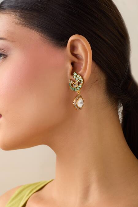 Shop Just Shradhas Blue Pearls, Stones Gold Bird Motif Natural Earrings Online at Aza Fashions Shop_Just Shradhas_Blue Pearls, Stones Gold Bird Motif Natural Earrings _Online_at_Aza_Fashions