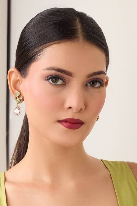 Just Shradhas Blue Pearls, Stones Gold Bird Motif Natural Earrings at Aza Fashions Just Shradhas_Blue Pearls, Stones Gold Bird Motif Natural Earrings _at_Aza_Fashions