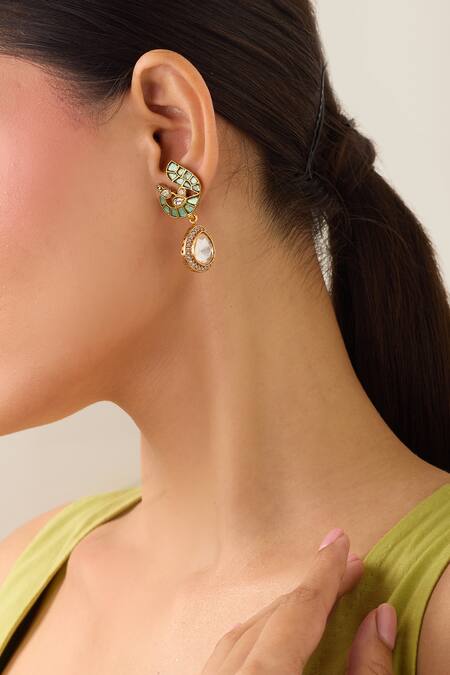 Buy Just Shradhas Blue Pearls, Stones Gold Bird Motif Natural Earrings Buy_Just Shradhas_Blue Pearls, Stones Gold Bird Motif Natural Earrings