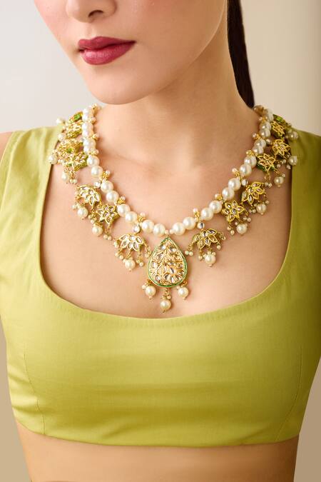 Just Shradhas_Gold Plated Pearl And Natural Stone Necklace_Online_at_Aza_Fashions