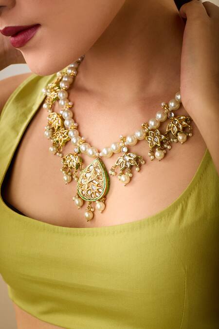 Buy_Just Shradhas_Gold Plated Pearl And Natural Stone Necklace_Online_at_Aza_Fashions