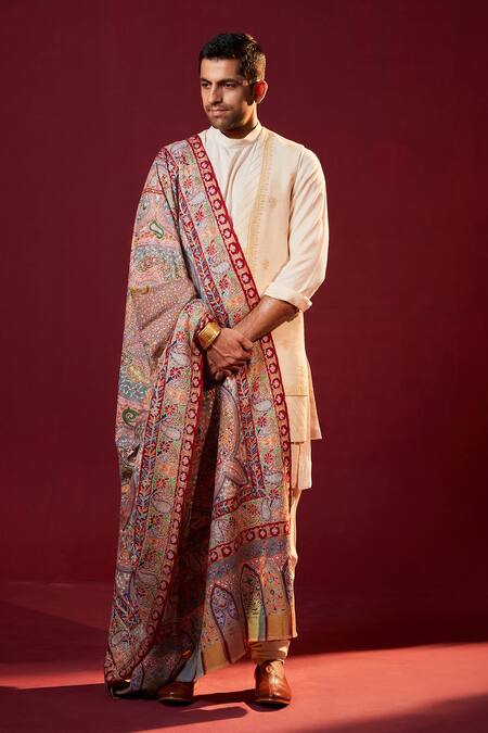 Shop SHAZA Multi Color Kalamkari Pashmina Floral Geometric Shawl at Aza Fashions Shop_SHAZA_Multi Color Kalamkari Pashmina Floral Geometric Shawl_at_Aza_Fashions