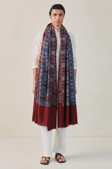 Shop_Shaza_Blue Handloom Ikkat Design Shawl _at_Aza_Fashions