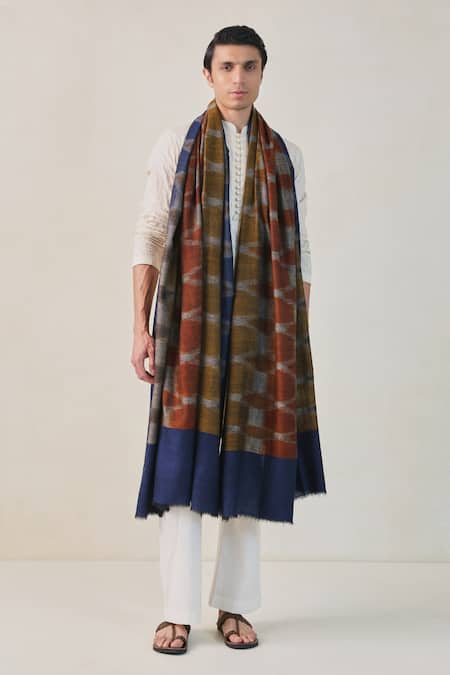 Shop_SHAZA_Blue And Brown Ikkat Design Shawl _at_Aza_Fashions