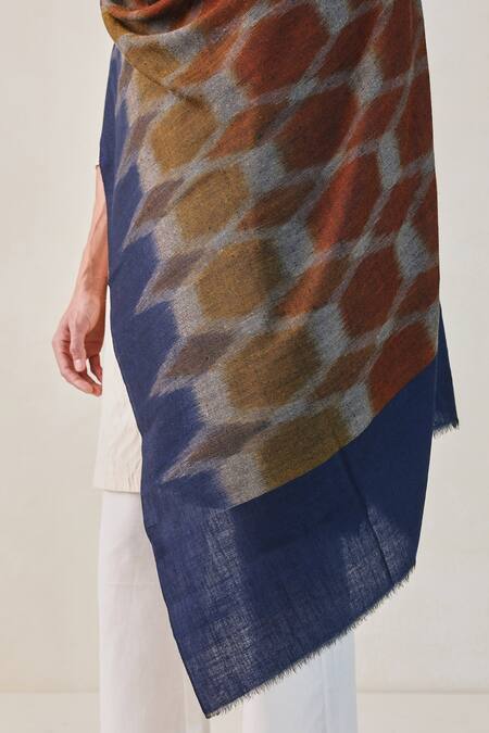 SHAZA_Blue And Brown Ikkat Design Shawl _Online_at_Aza_Fashions