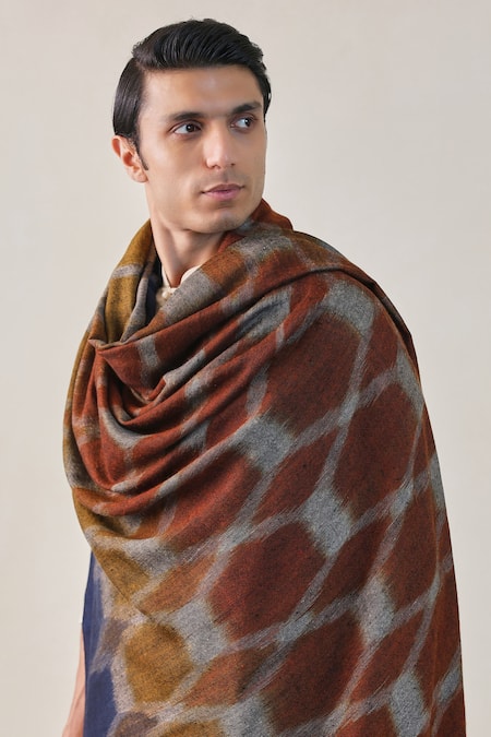 Buy_SHAZA_Blue And Brown Ikkat Design Shawl _Online_at_Aza_Fashions