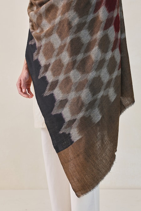 Shop_SHAZA_Red Brown And Ikkat Design Shawl _at_Aza_Fashions
