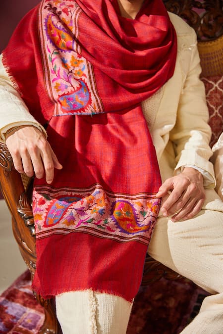 Shop_Shaza_Red Kani Handloom Pashmina Stole _at_Aza_Fashions