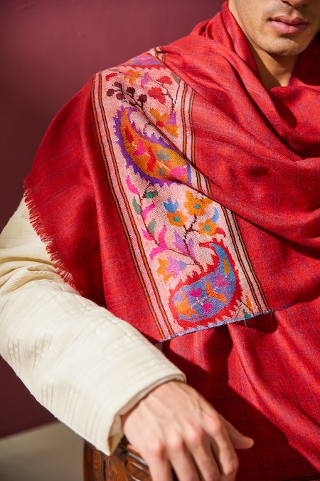 Shaza_Red Kani Handloom Pashmina Stole _Online_at_Aza_Fashions