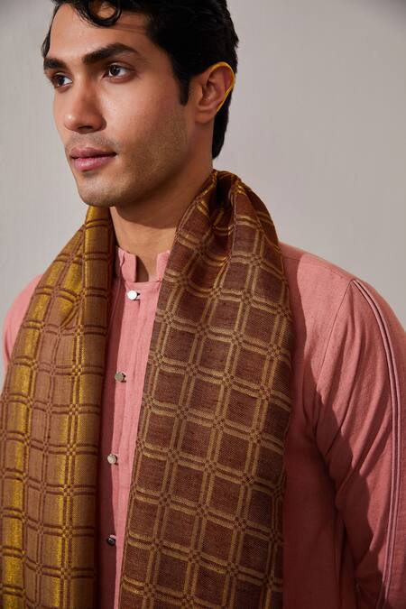 SHAZA_Brown Zari Checkered Handloom Pashmina Stole_Online_at_Aza_Fashions