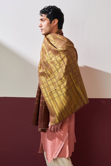 Shop_Shaza_Brown Reversible Zari Thread Checkered Stole _at_Aza_Fashions