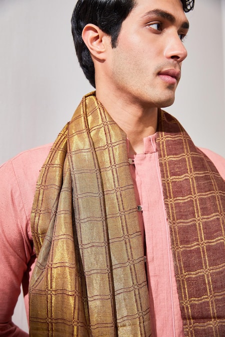 Shaza_Brown Reversible Zari Thread Checkered Stole _Online_at_Aza_Fashions