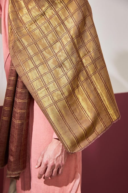 Buy_Shaza_Brown Reversible Zari Thread Checkered Stole _Online_at_Aza_Fashions