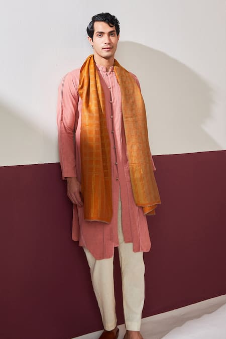 Shop_Shaza_Orange Reversible Handloom Pashmina Stole _at_Aza_Fashions