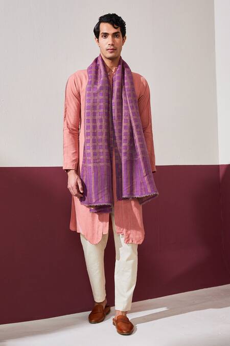 Shop_Shaza_Purple Checkered Handloom Pashmina Stole _at_Aza_Fashions