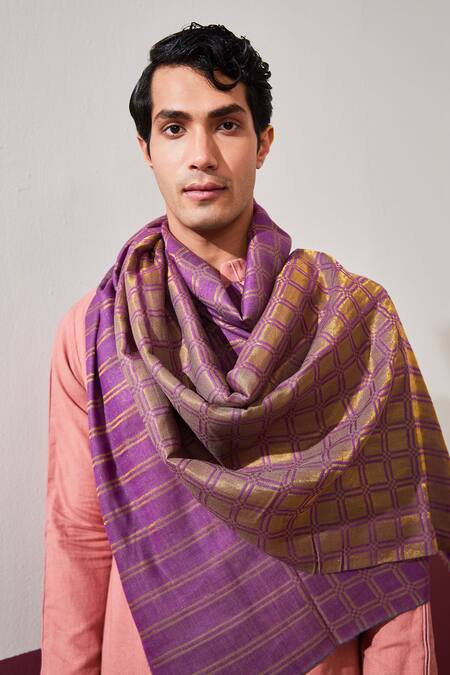 Shaza_Purple Checkered Handloom Pashmina Stole _Online_at_Aza_Fashions