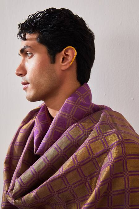Buy_Shaza_Purple Checkered Handloom Pashmina Stole _Online_at_Aza_Fashions