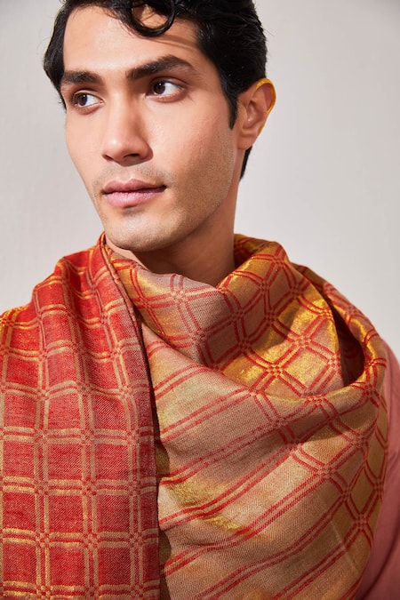 Shop_Shaza_Red Reversible Handloom Zari Stole _at_Aza_Fashions