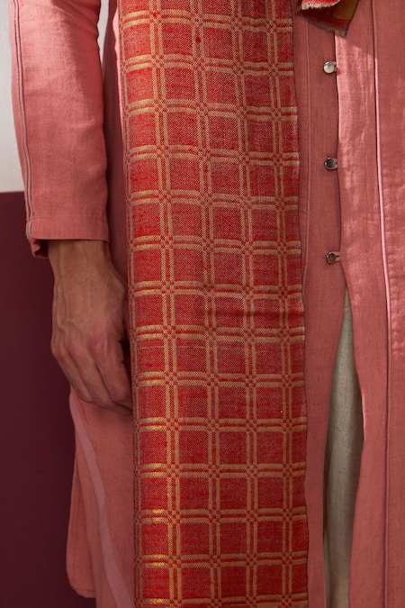 Shaza_Red Reversible Handloom Zari Stole _Online_at_Aza_Fashions