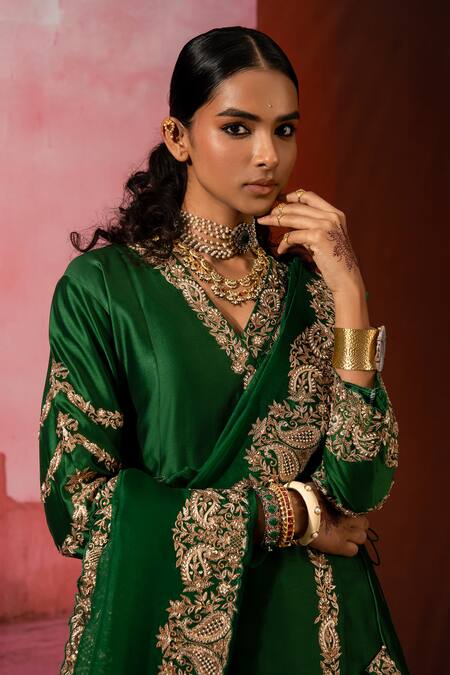 Shop_Pink City By Sarika_Green Organza, Silk Embroidery, Sequins V-neck Angarkha Sharara Set _Online_at_Aza_Fashions