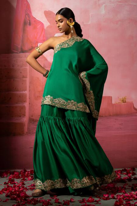 Shop Pink City By Sarika Green Silk Sequins Embroidered Cape And Sharara Set Online at Aza Fashions Shop_Pink City By Sarika_Green Silk Sequins Embroidered Cape And Sharara Set _Online_at_Aza_Fashions