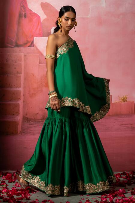 Pink City By Sarika Green Silk Sequins Embroidered Cape And Sharara Set at Aza Fashions Pink City By Sarika_Green Silk Sequins Embroidered Cape And Sharara Set _at_Aza_Fashions