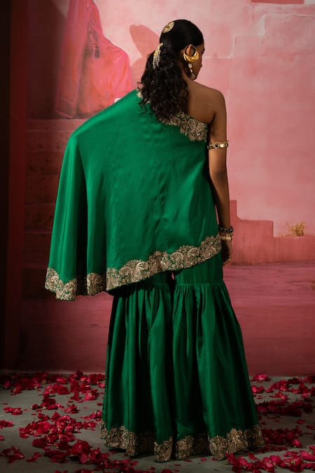 Pink City By Sarika Green Embroidered Cape & Sharara Set 