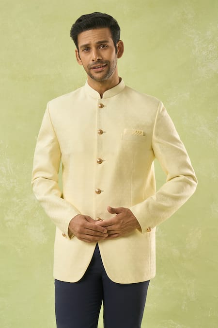 Shop Spring Break Ivory Cotton Embroidery Floral Jacquard Woven Bandhgala Online at Aza Fashions Shop_Spring Break_Ivory Cotton Embroidery Floral Jacquard Woven Bandhgala _Online_at_Aza_Fashions