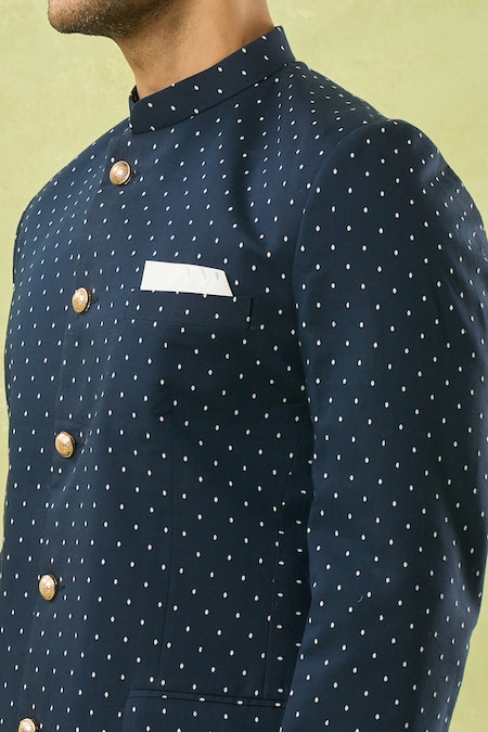 Spring Break_Blue Cotton Navy Polka Dot Bandhgala _Online_at_Aza_Fashions