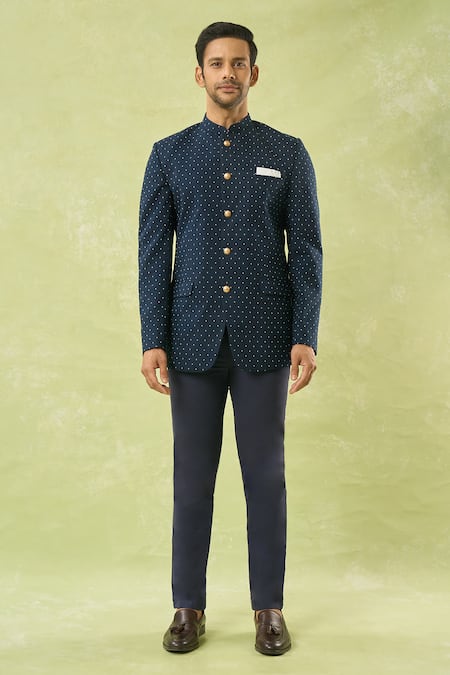 Buy_Spring Break_Blue Cotton Navy Polka Dot Bandhgala _Online_at_Aza_Fashions