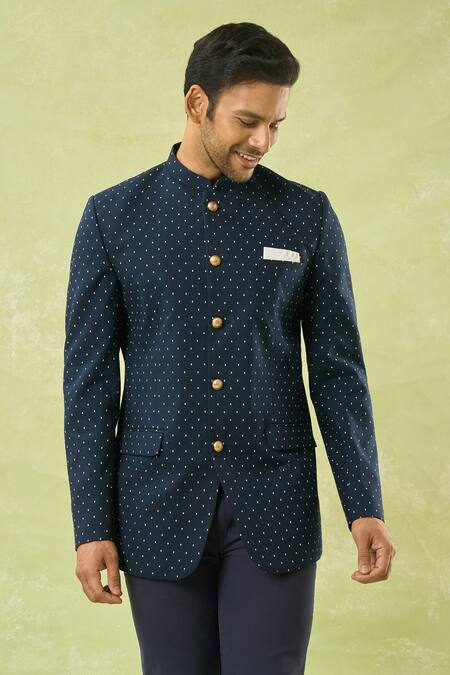 Shop_Spring Break_Blue Cotton Navy Polka Dot Bandhgala _Online_at_Aza_Fashions