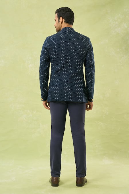 Shop_Spring Break_Blue Cotton Navy Polka Dot Bandhgala _at_Aza_Fashions