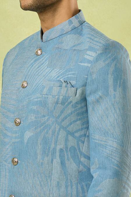 Spring Break Blue Denim Tropical Print Bandhgala Online at Aza Fashions Spring Break_Blue Denim Tropical Print Bandhgala_Online_at_Aza_Fashions