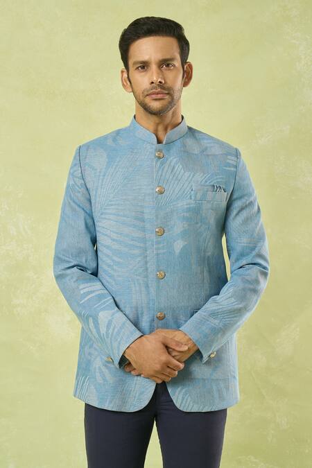 Buy Spring Break Blue Denim Tropical Print Bandhgala Online at Aza Fashions Buy_Spring Break_Blue Denim Tropical Print Bandhgala_Online_at_Aza_Fashions