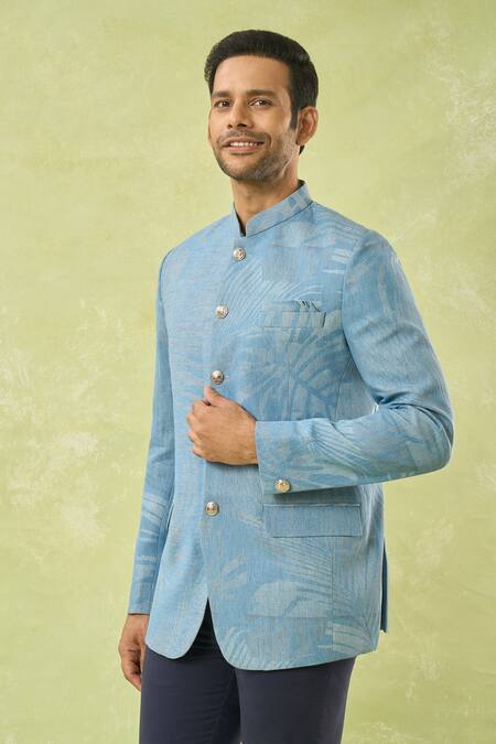 Shop Spring Break Blue Denim Tropical Print Bandhgala Online at Aza Fashions Shop_Spring Break_Blue Denim Tropical Print Bandhgala_Online_at_Aza_Fashions