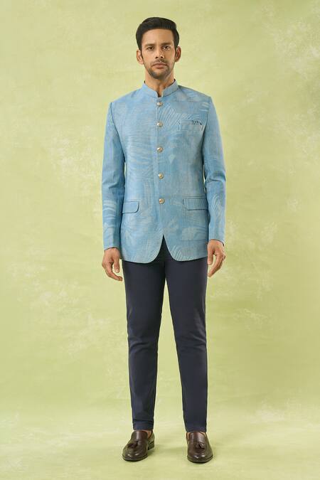 Spring Break Blue Denim Tropical Print Bandhgala at Aza Fashions Spring Break_Blue Denim Tropical Print Bandhgala_at_Aza_Fashions