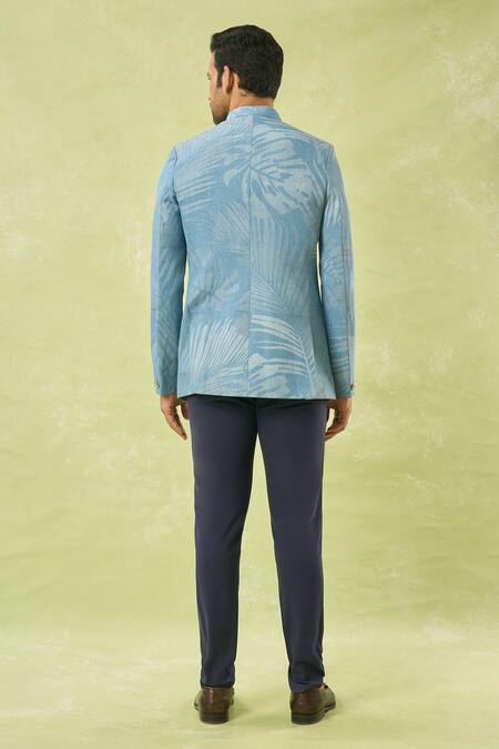 Shop Spring Break Blue Denim Tropical Print Bandhgala at Aza Fashions Shop_Spring Break_Blue Denim Tropical Print Bandhgala_at_Aza_Fashions