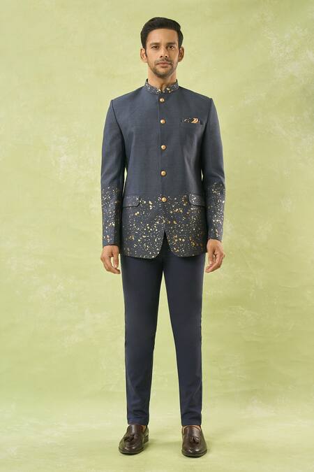 Buy_Spring Break_Blue Cotton, Silk Geometric Border Printed Bandhgala _Online_at_Aza_Fashions