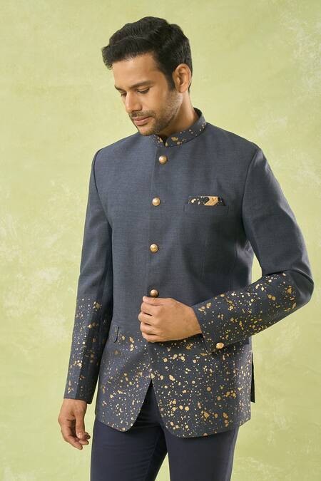 Shop_Spring Break_Blue Cotton, Silk Geometric Border Printed Bandhgala _Online_at_Aza_Fashions