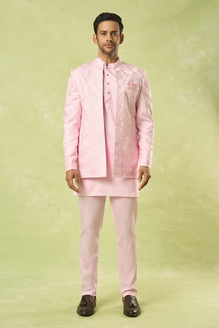 Buy Spring Break Pink Silk, Cotton Satin Embroidery Geometric Bundi And Kurta Set Online at Aza Fashions Buy_Spring Break_Pink Silk, Cotton Satin Embroidery Geometric Bundi And Kurta Set _Online_at_Aza_Fashions