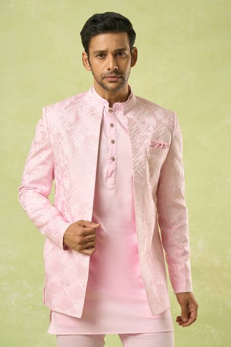 Shop Spring Break Pink Silk, Cotton Satin Embroidery Geometric Bundi And Kurta Set Online at Aza Fashions Shop_Spring Break_Pink Silk, Cotton Satin Embroidery Geometric Bundi And Kurta Set _Online_at_Aza_Fashions