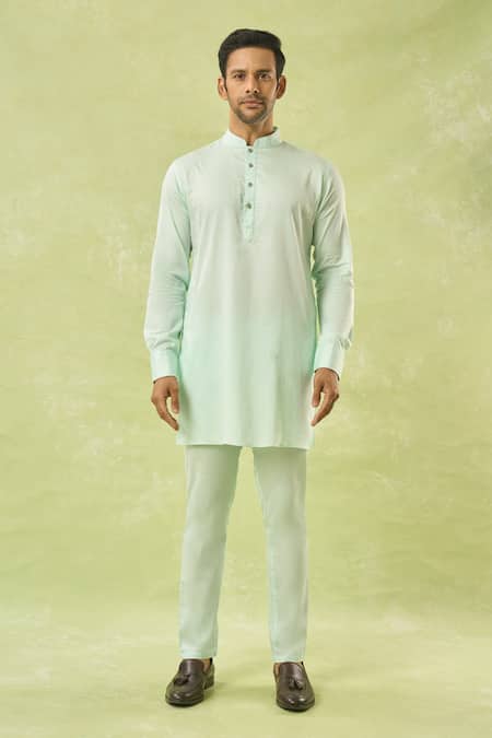 Spring Break_Green Silk, Cotton Satin Embroidery Geometric Thread Jacket Kurta Set _Online_at_Aza_Fashions