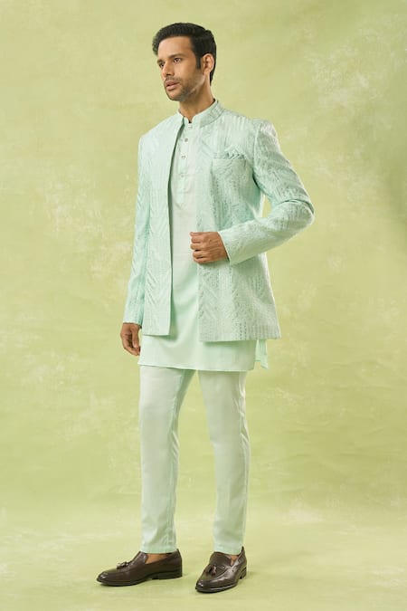 Buy_Spring Break_Green Silk, Cotton Satin Embroidery Geometric Thread Jacket Kurta Set _Online_at_Aza_Fashions