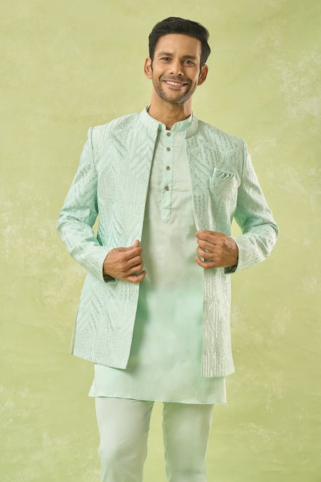 Shop_Spring Break_Green Silk, Cotton Satin Embroidery Geometric Thread Jacket Kurta Set _Online_at_Aza_Fashions